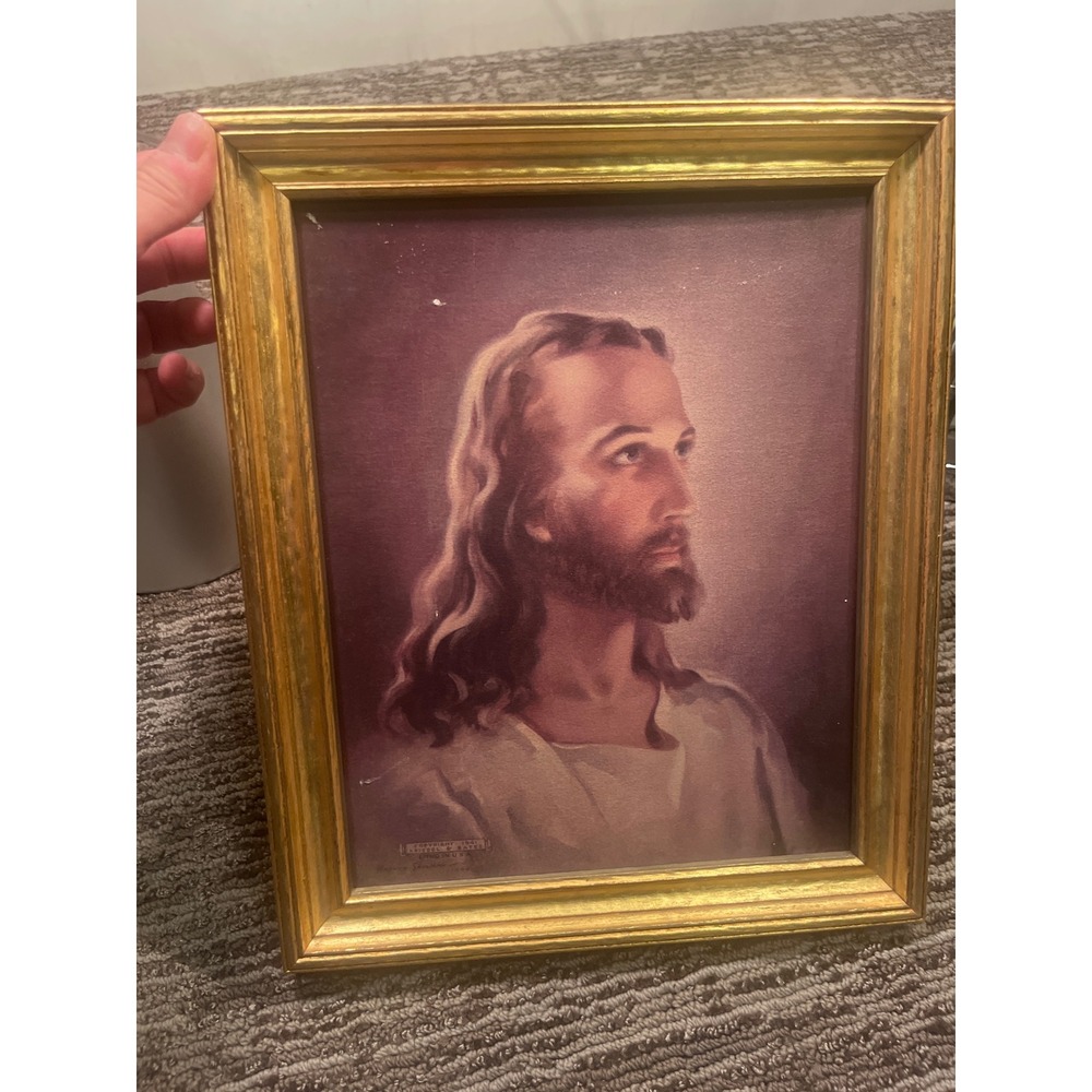Vintage Warner Sallman Head of Christ Lithograph Gold Framed Religious Art 1941